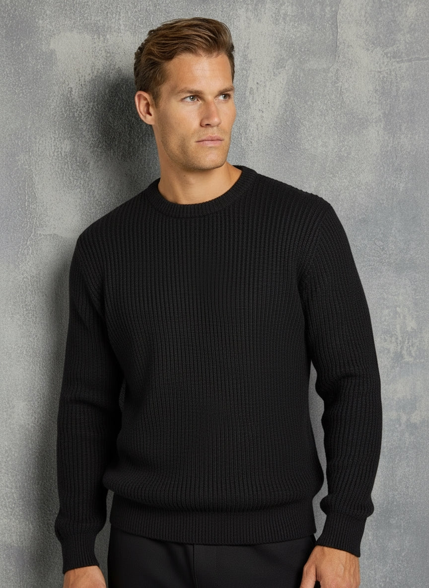 Maglione a coste nero da uomo - Maglia a girocollo con vestibilità rilassata