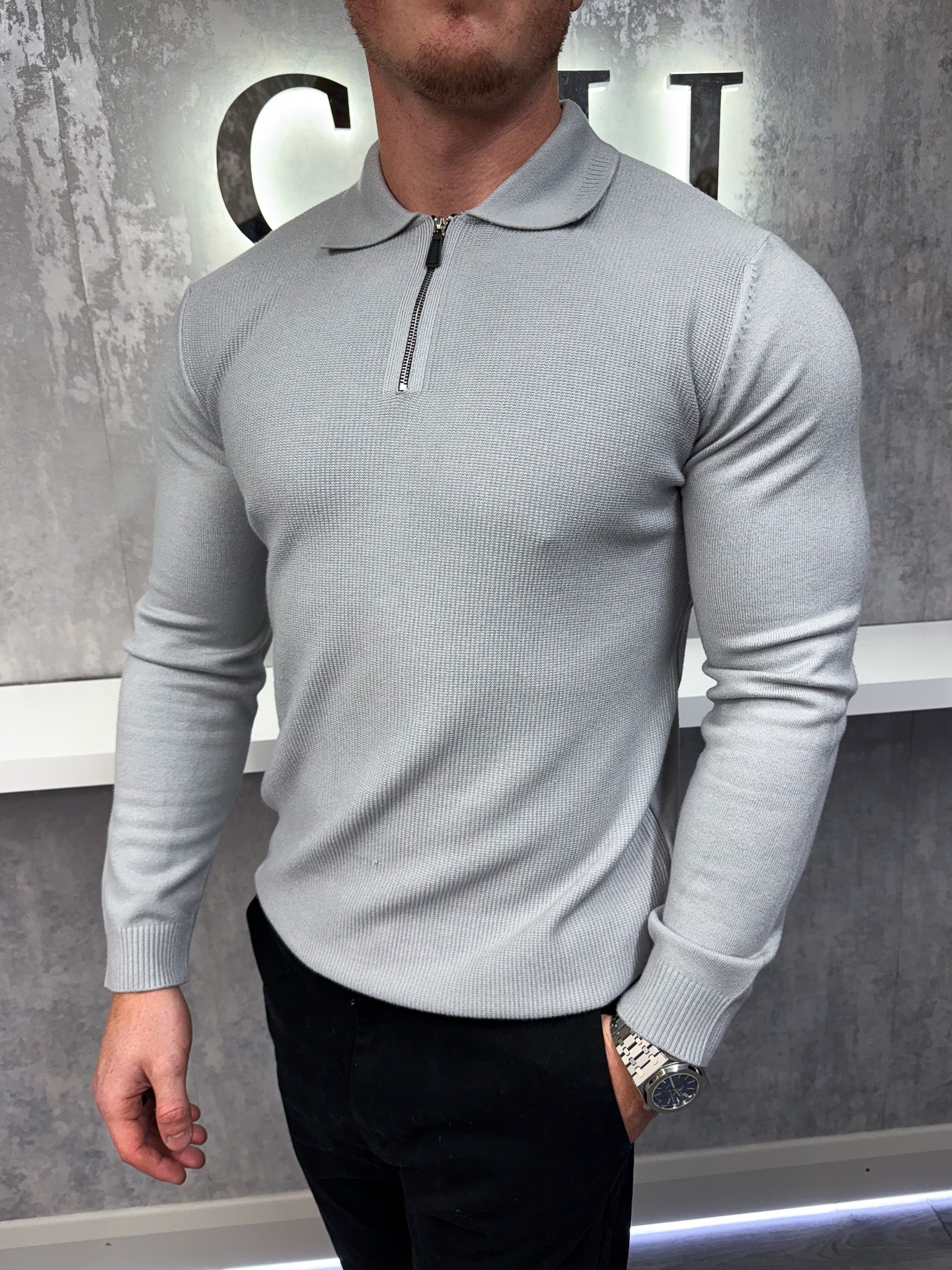Polo con zip a maniche lunghe - Grigio