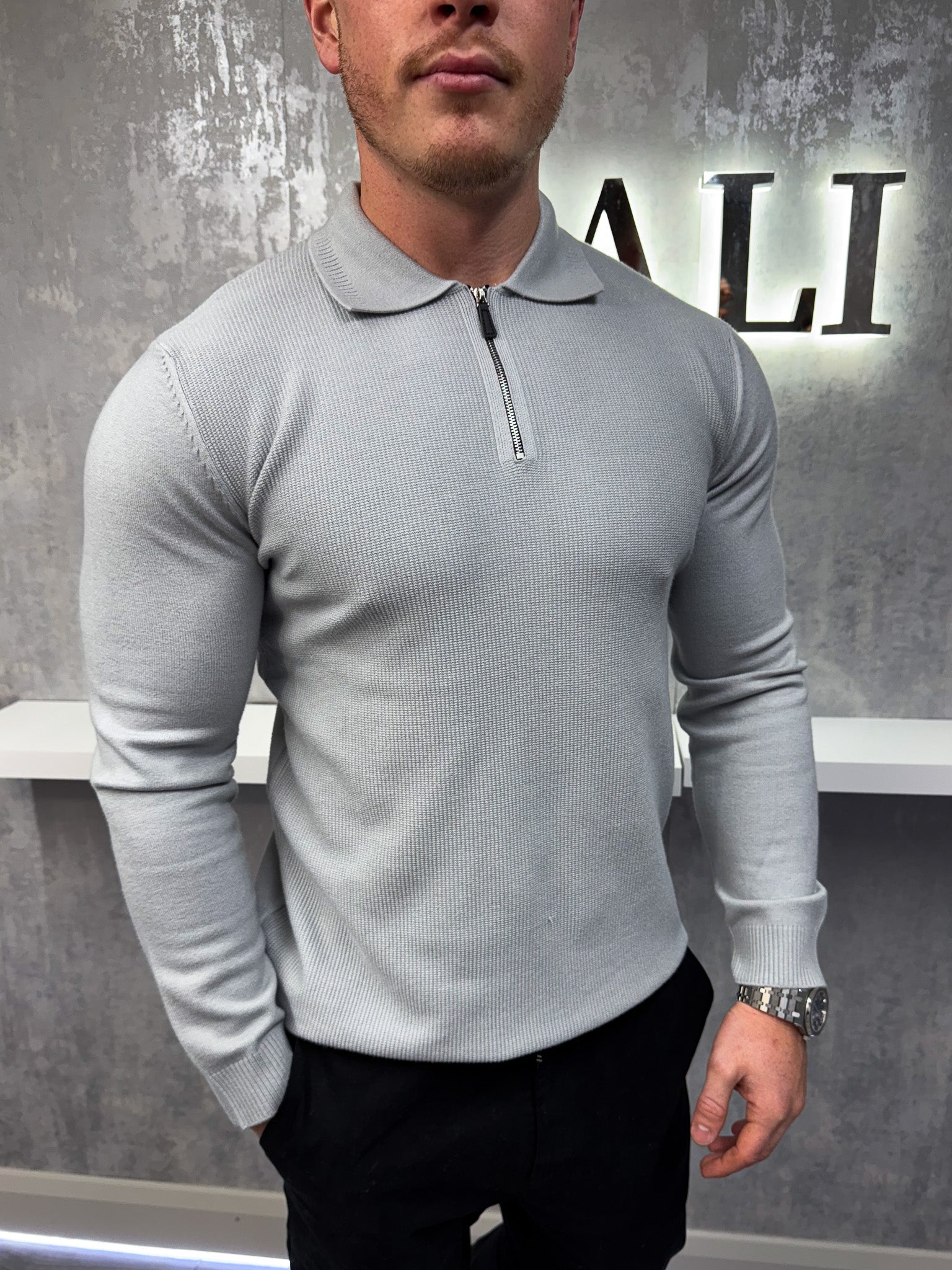 Polo con zip a maniche lunghe - Grigio