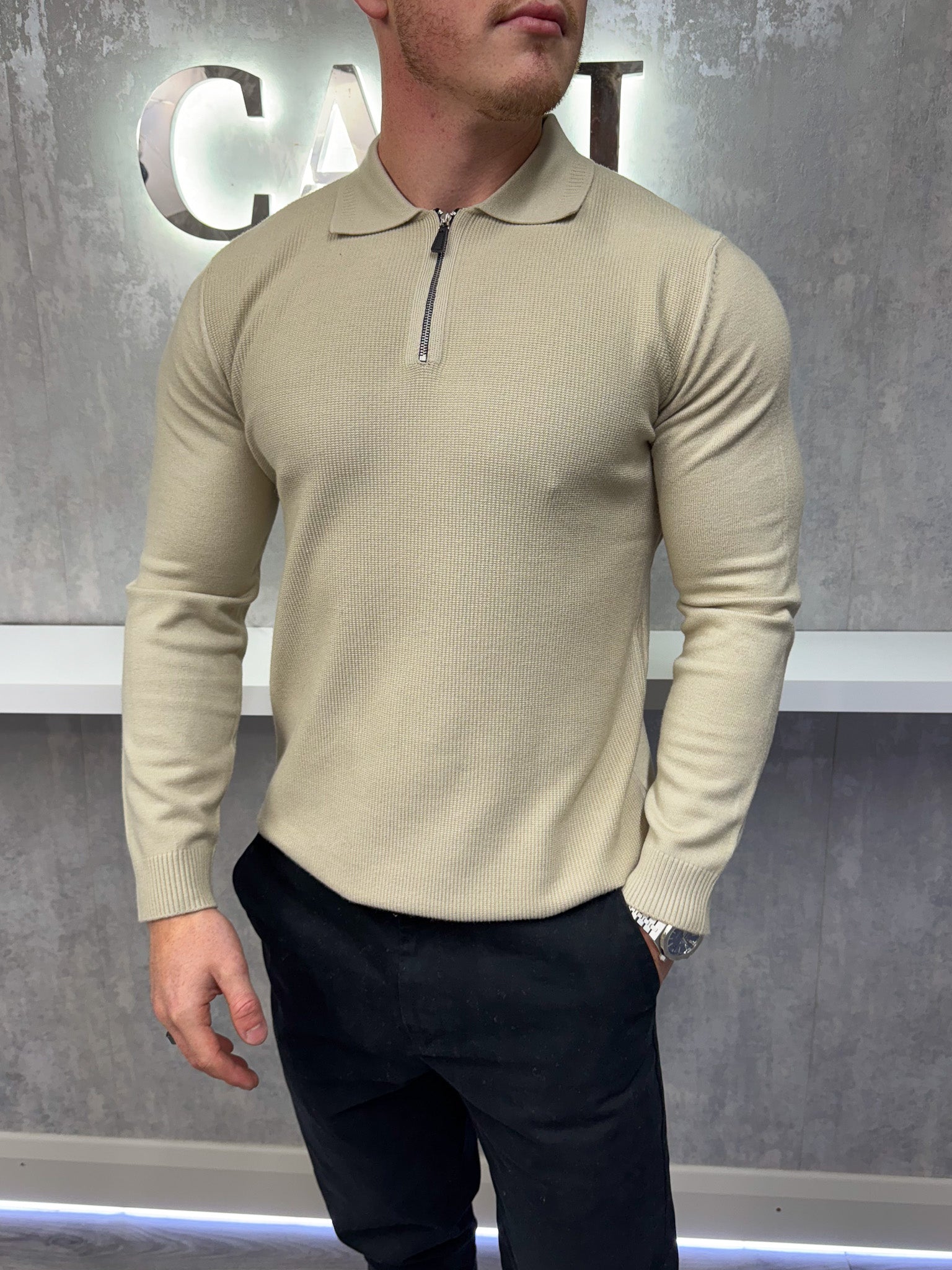 Polo con zip a maniche lunghe - Beige
