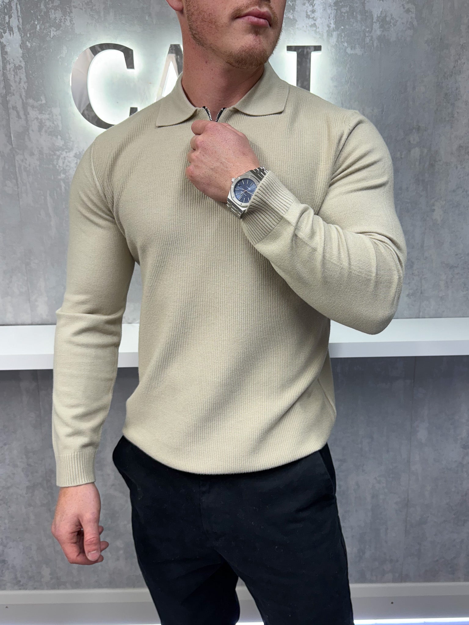 Polo con zip a maniche lunghe - Beige