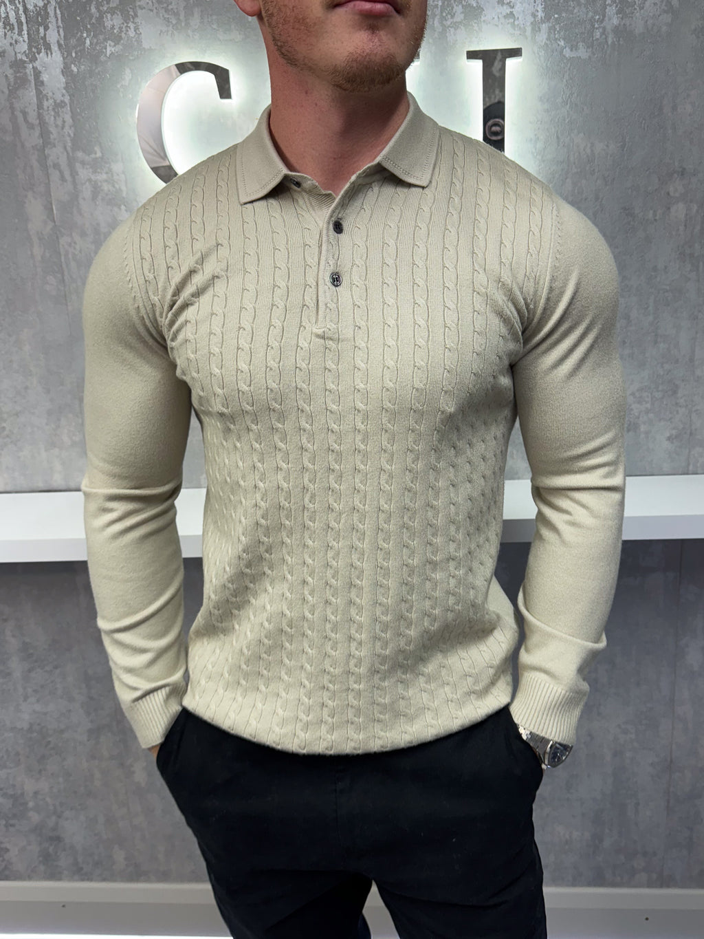 Polo a maniche lunghe con bottoni - Beige