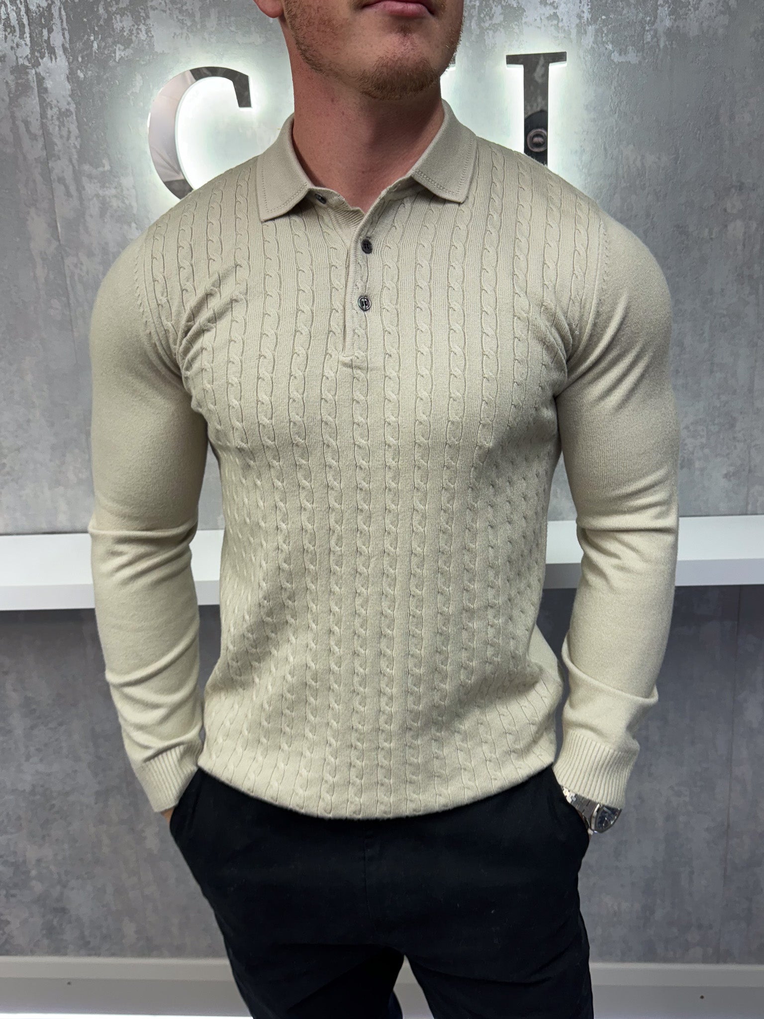 Polo a maniche lunghe con bottoni - Beige