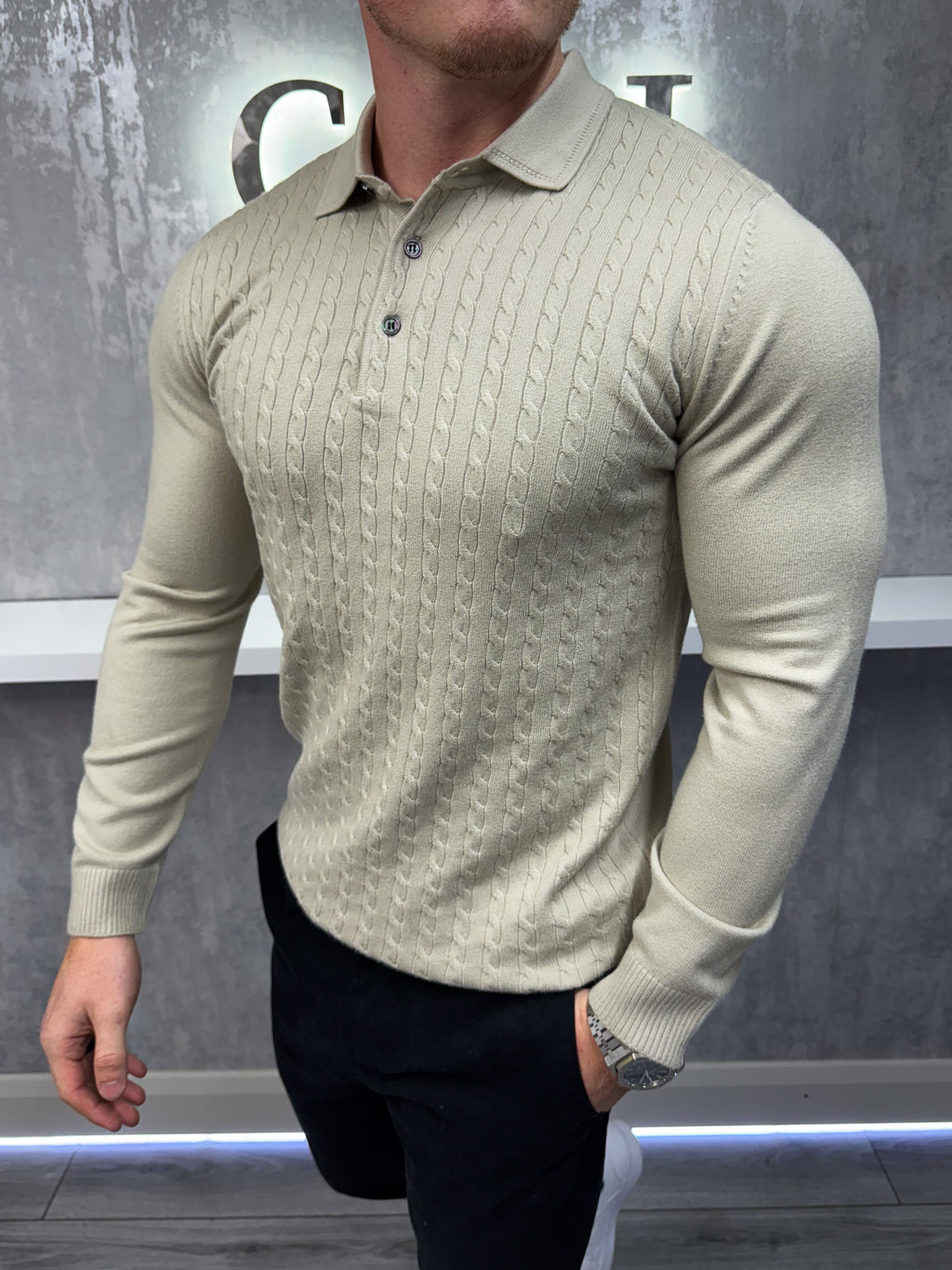 Polo a maniche lunghe con bottoni - Beige