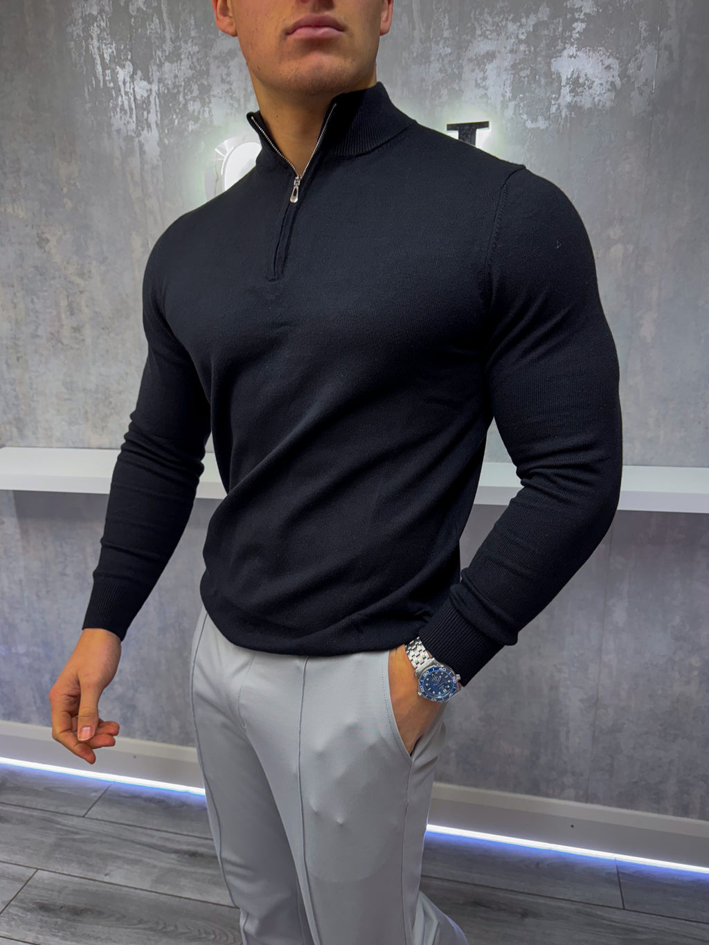 Der Costello – Pullover mit halbem Reißverschluss – Schwarz