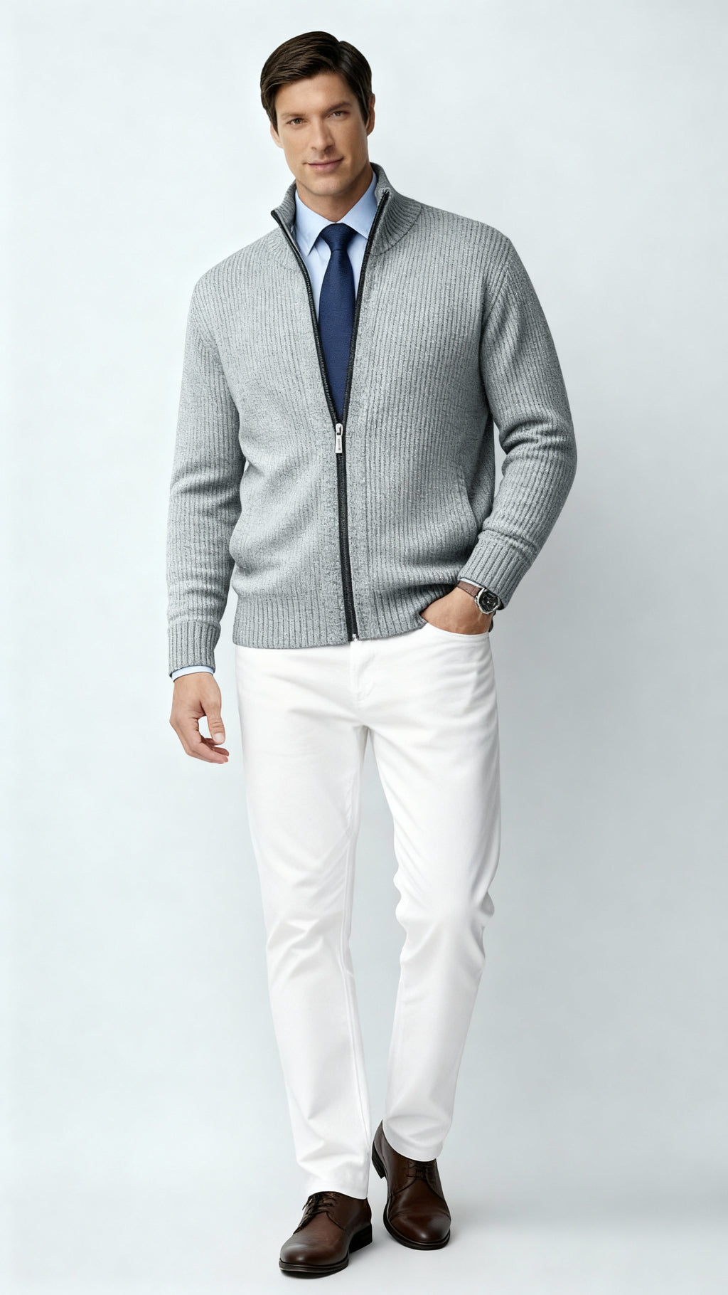 Men's Knitted Zip-Up Cardigan – Cotton Blend Sweater with Collar & Pockets for Spring, Autumn & Winter