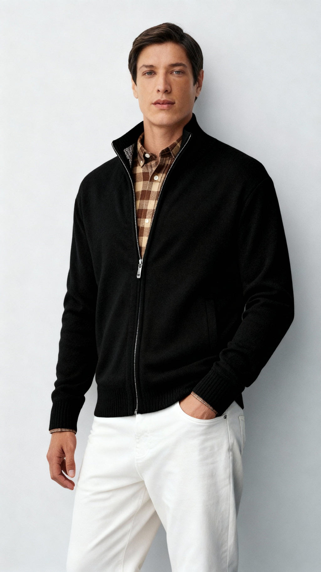 Men's Knitted Zip-Up Cardigan – Cotton Blend Sweater with Collar & Pockets for Spring, Autumn & Winter