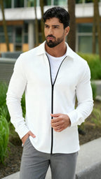 Camicia da uomo a maniche lunghe in tessuto strutturato – Camicia casual con cerniera frontale e vestibilità regolare