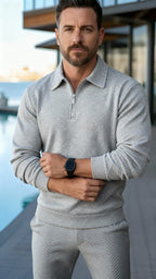 Polo a maniche lunghe da uomo - Quarter-Zip con motivo strutturato e colletto strutturato