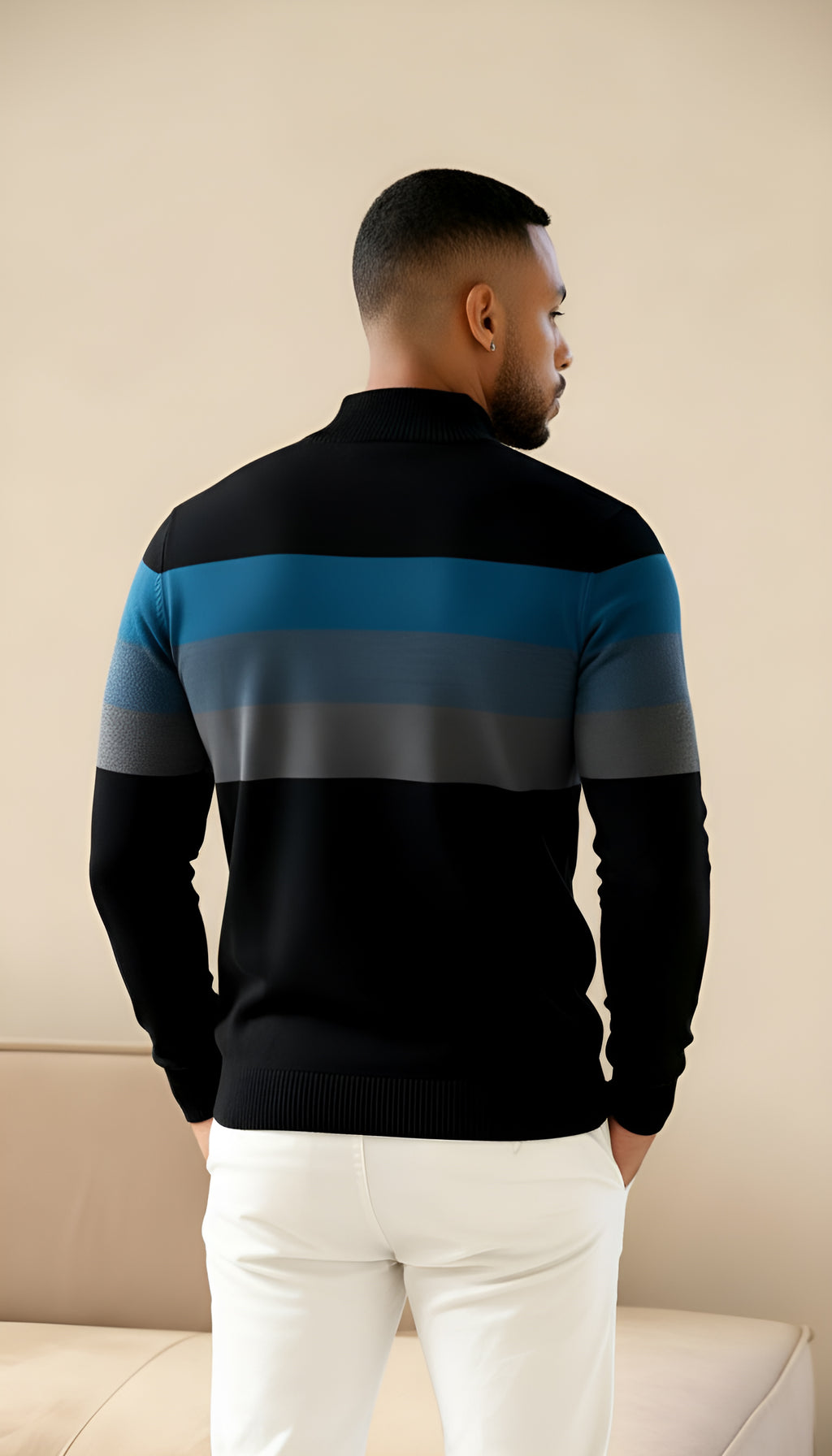 Gestreepte Quarter-Zip trui met opstaande kraag - Stijlvolle gebreide kleding