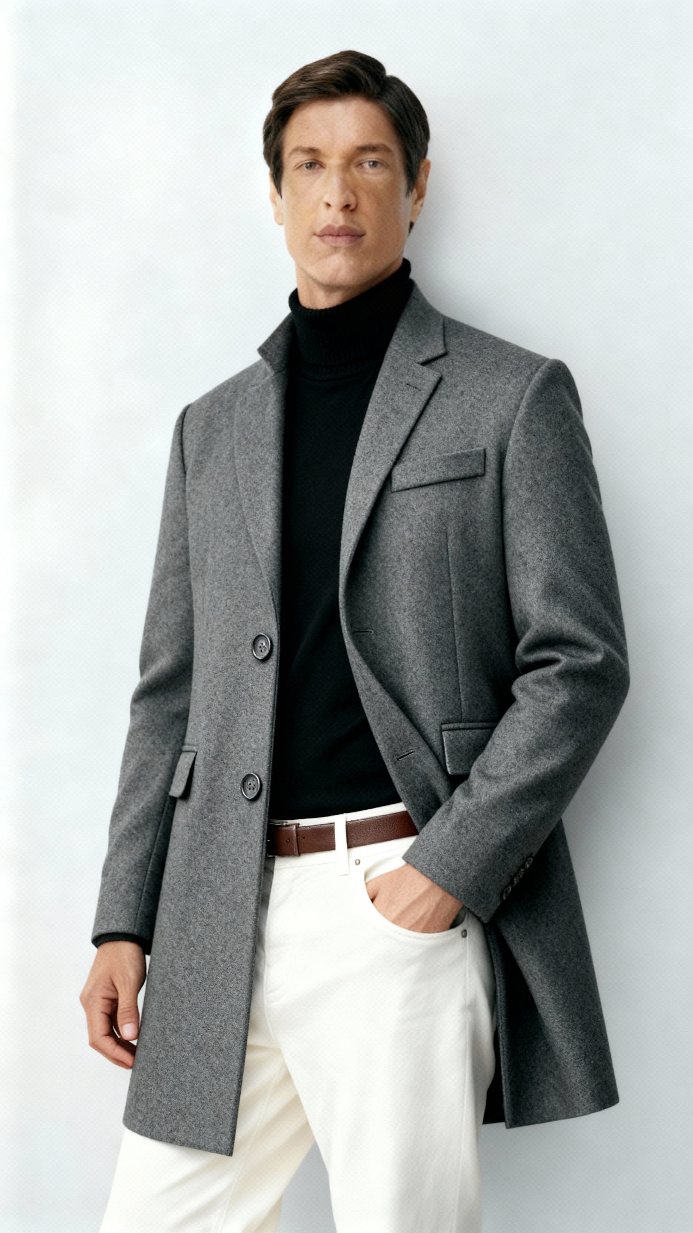 Cappotto da uomo in misto lana - Elegante cappotto lungo con risvolto a tacche e chiusura a bottoni per abbigliamento formale e casual.