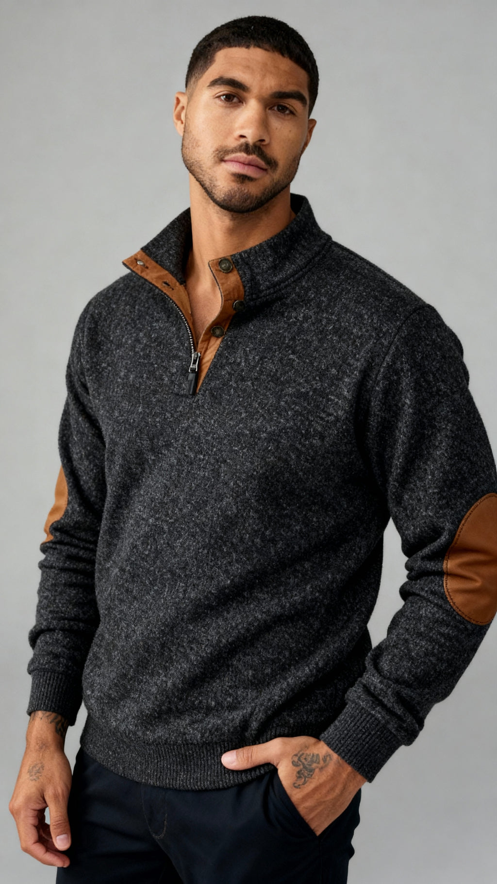 Trui met knoopsluiting voor heren - Trui met staande kraag en elleboogstukken