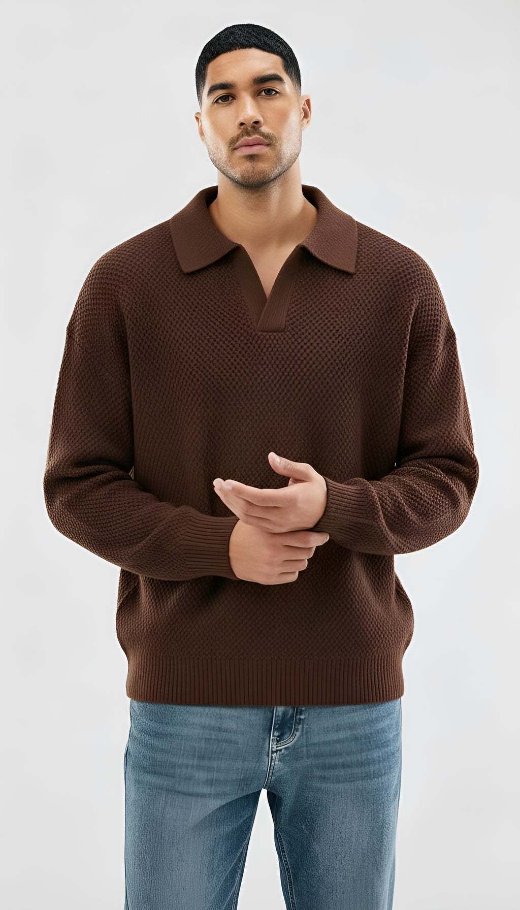 long sleeve knit polo shirt - Mens, loose fit