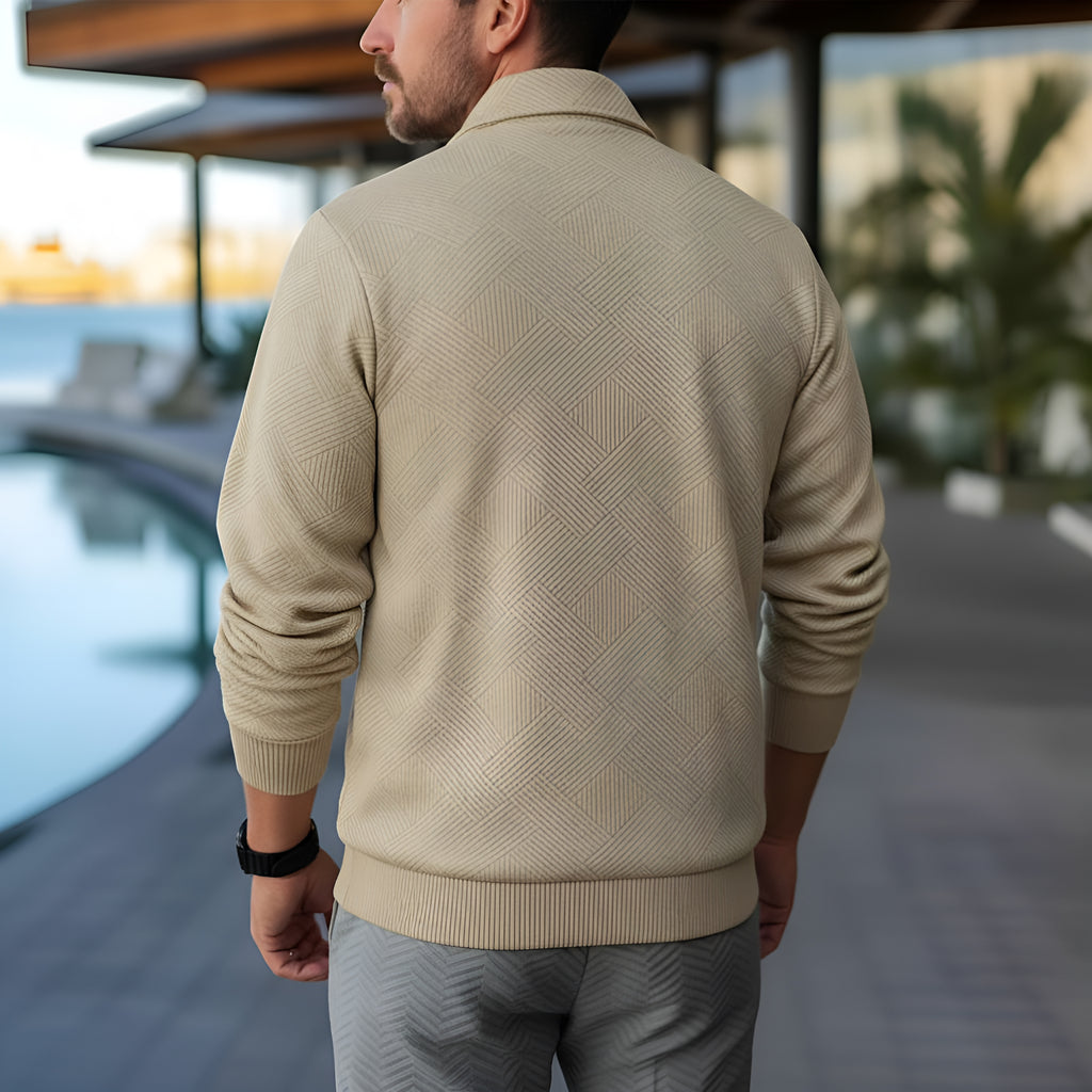 Polo a maniche lunghe da uomo - Quarter-Zip con motivo strutturato e colletto strutturato