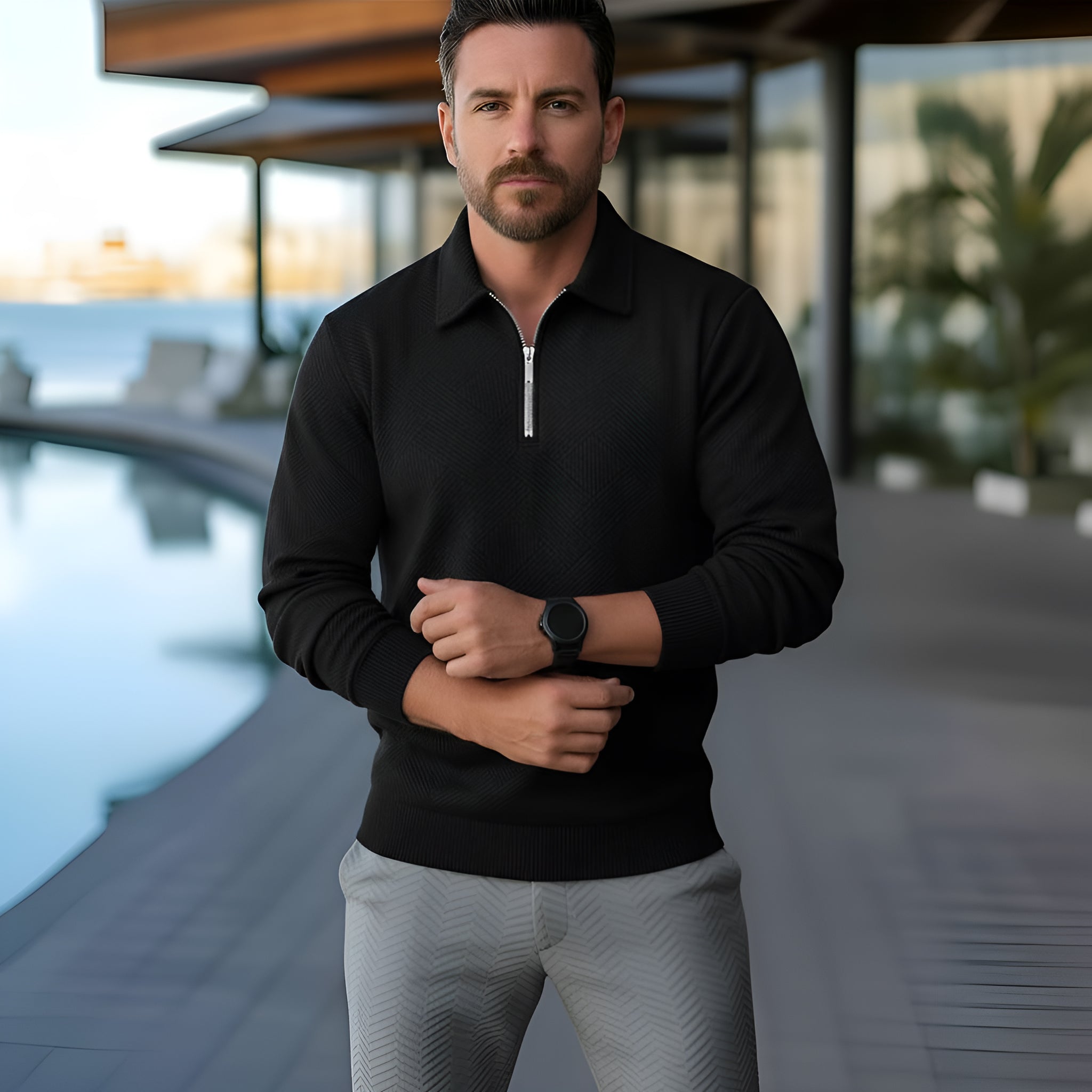 Herenpoloshirt met lange mouwen - Kwartiersluiting met structuurpatroon en gestructureerde kraag