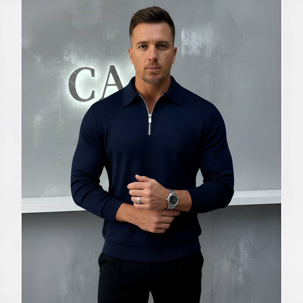 Polo a maniche lunghe da uomo - Quarter-Zip con motivo strutturato e colletto strutturato