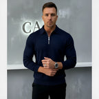 Polo a maniche lunghe da uomo - Quarter-Zip con motivo strutturato e colletto strutturato