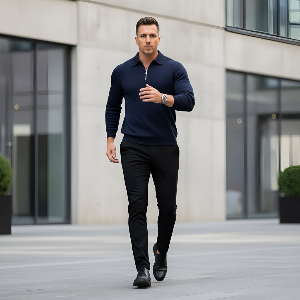 Polo a maniche lunghe da uomo - Quarter-Zip con motivo strutturato e colletto strutturato