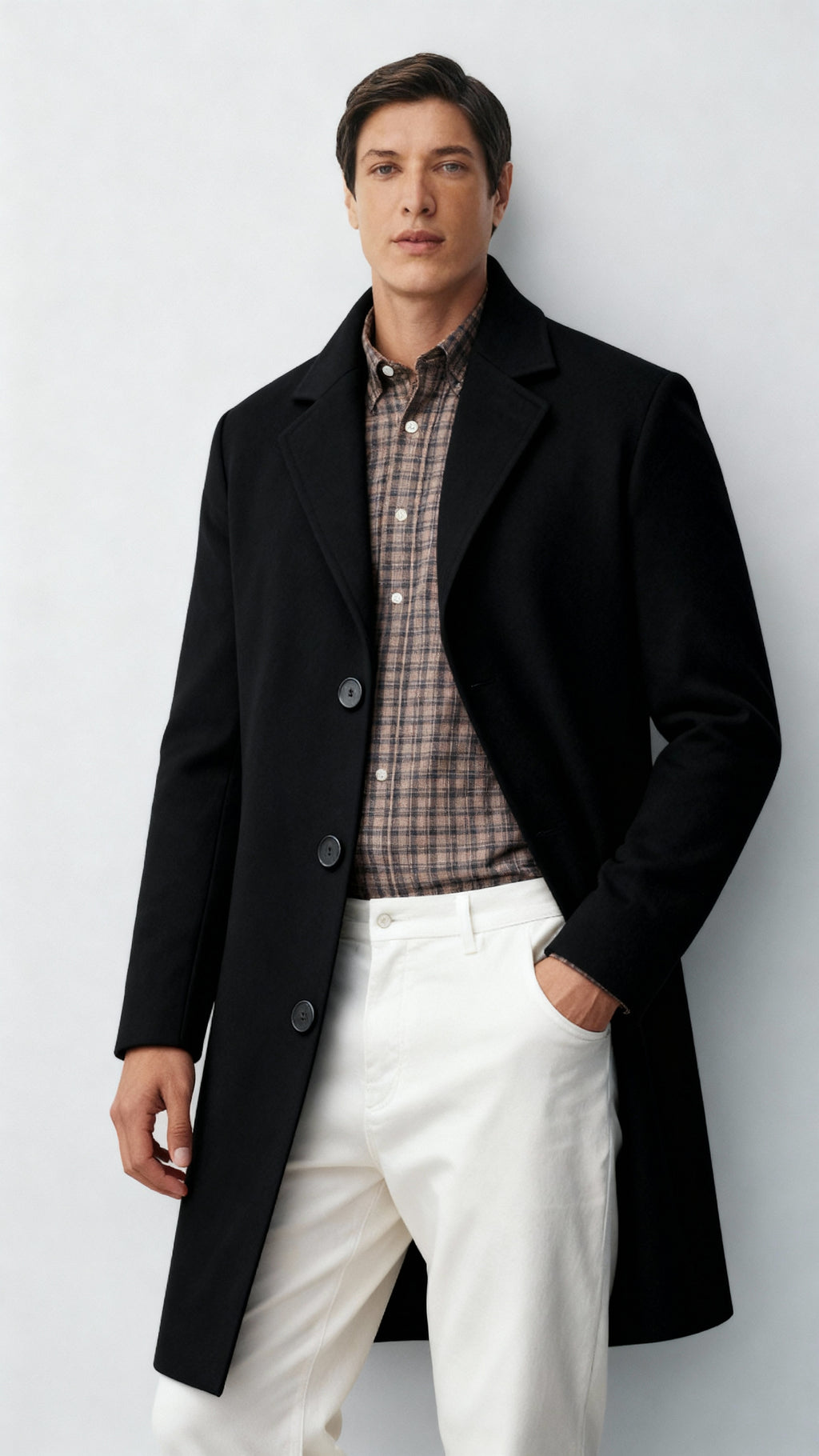 Men’s Classic Coat with Notch Lapel & Single-Breasted Front – Elegant Mid-Length Overcoat