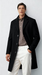 Men’s Classic Coat with Notch Lapel & Single-Breasted Front – Elegant Mid-Length Overcoat
