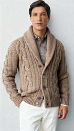 Men’s Wool Blend Cable Knit Cardigan – Shawl Collar Button-Up Sweater