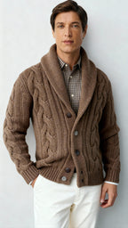 Men’s Wool Blend Cable Knit Cardigan – Shawl Collar Button-Up Sweater