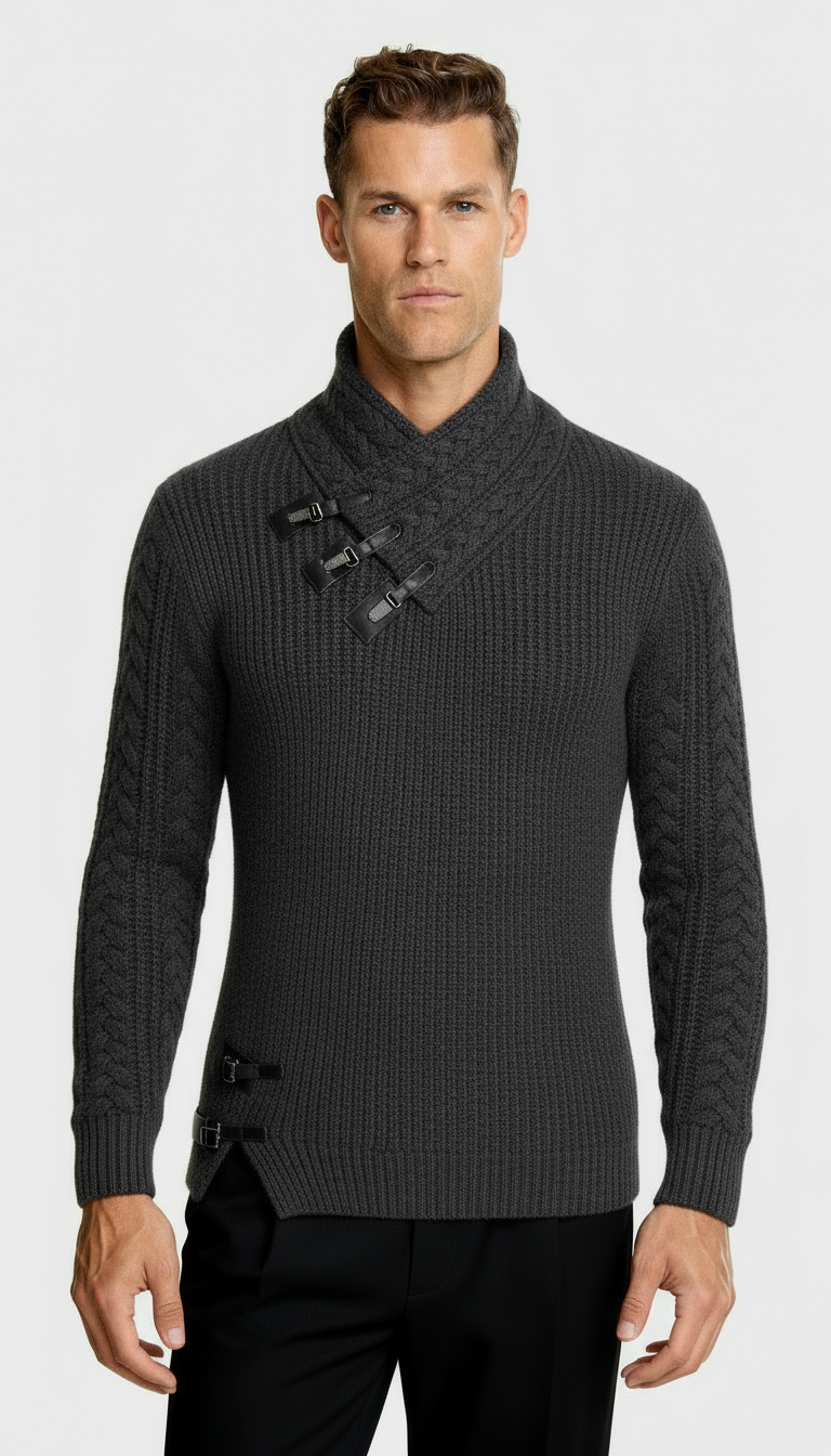 Men’s Funnel Collar Jumper with Toggle Details – Textured Knit Sweater for Smart-Casual Style