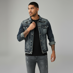 Men’s Grey Trucker Jacket - Classic Button-Front Denim Style with Chest Pockets