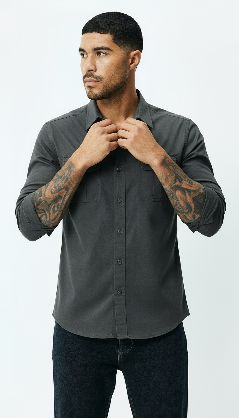 Camicia Utility da uomo - Colletto classico Button-Up con tasche ad aletta - abbigliamento da lavoro elegante e casual con texture