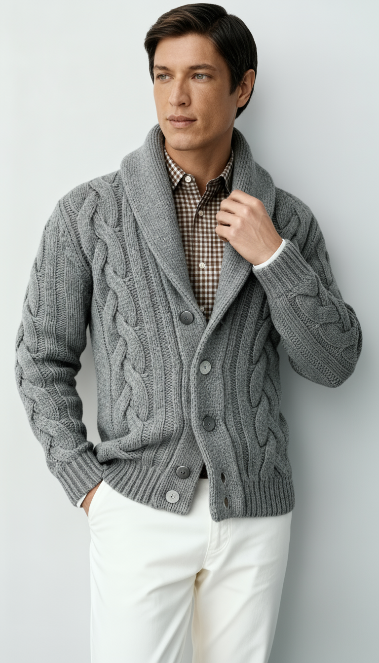 Men’s Wool Blend Cable Knit Cardigan – Shawl Collar Button-Up Sweater