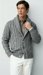 Men’s Wool Blend Cable Knit Cardigan – Shawl Collar Button-Up Sweater