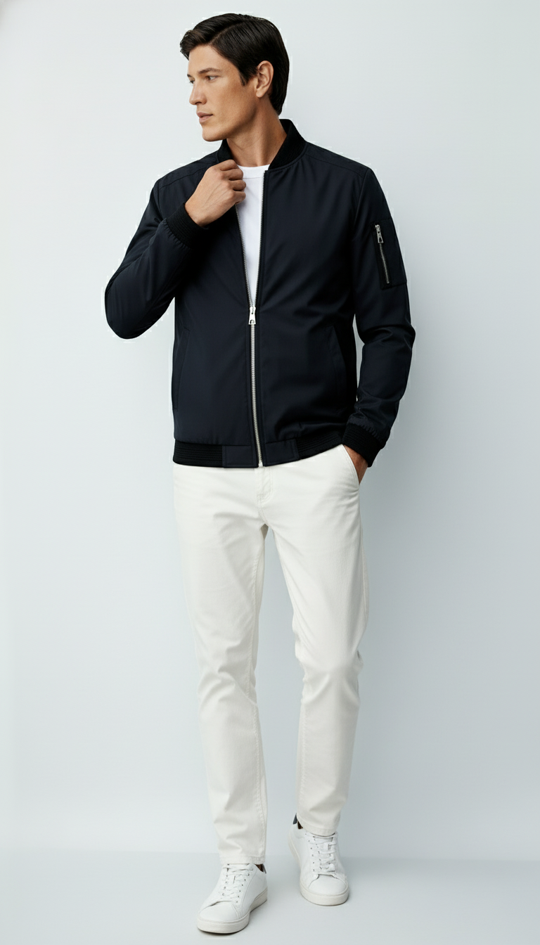 Heren Bomberjack met volledige ritssluiting, geribbelde afwerking en mouwzakken