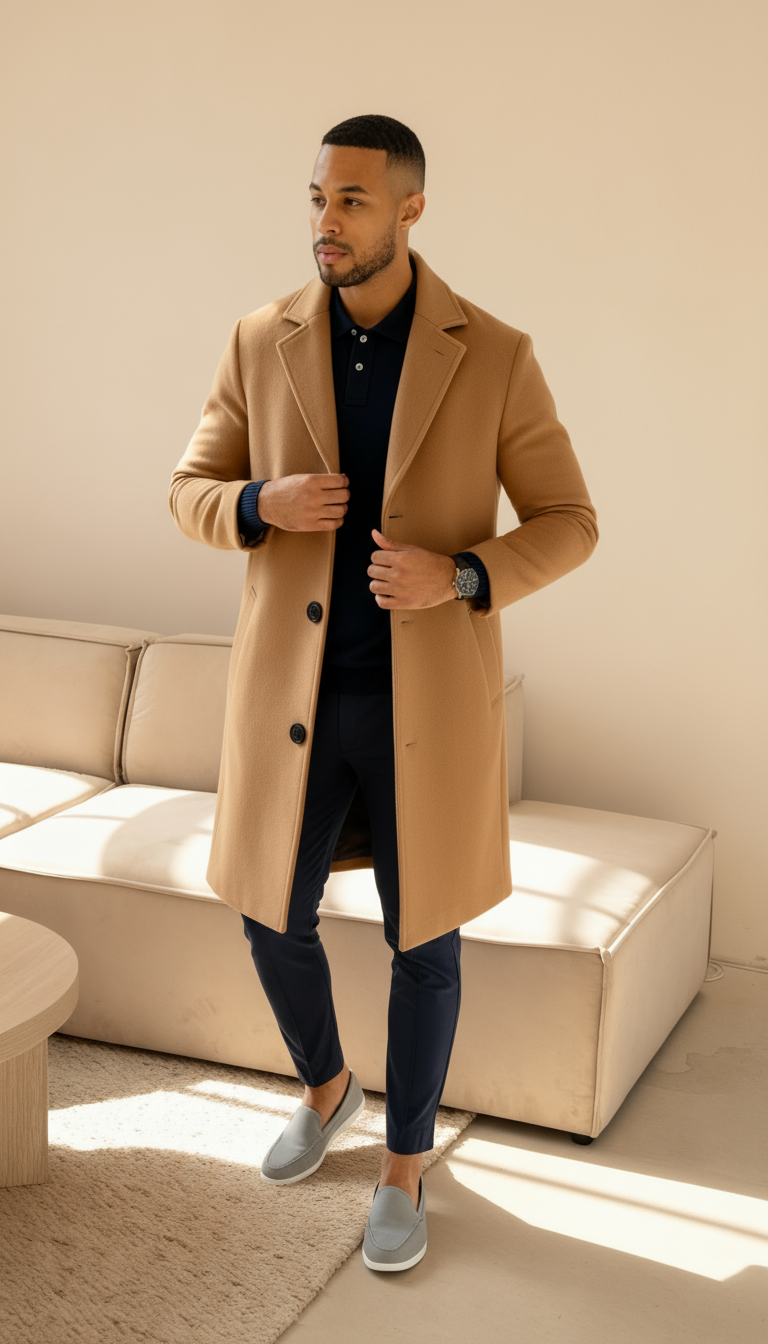 Herren maßgeschneiderter Woll-gefühlt Mantel – Einreihiger mittellanger Mantel mit Kerbkragen