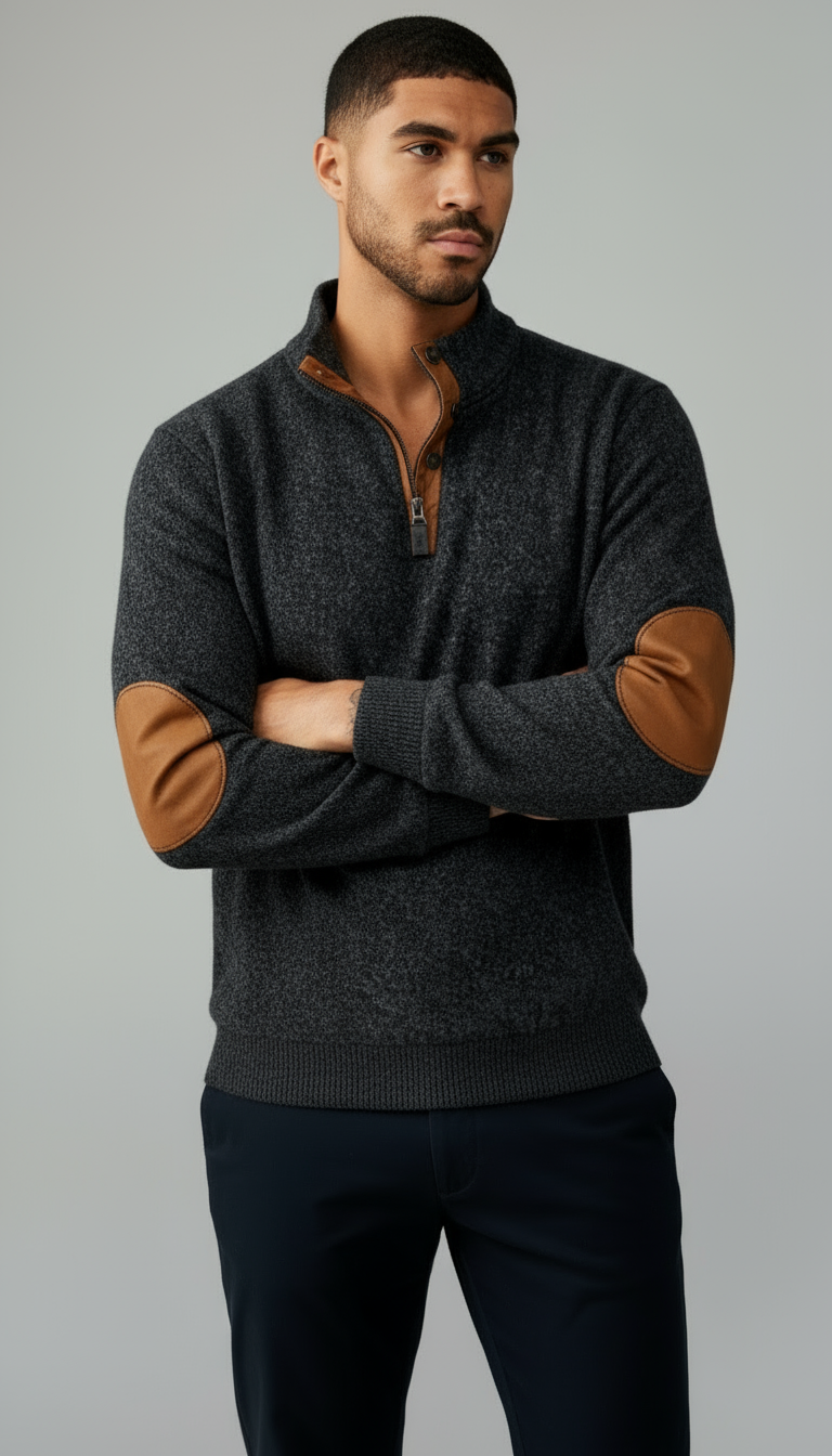 Maglia con collo a bottoni da uomo - Pullover con colletto e toppe sui gomiti