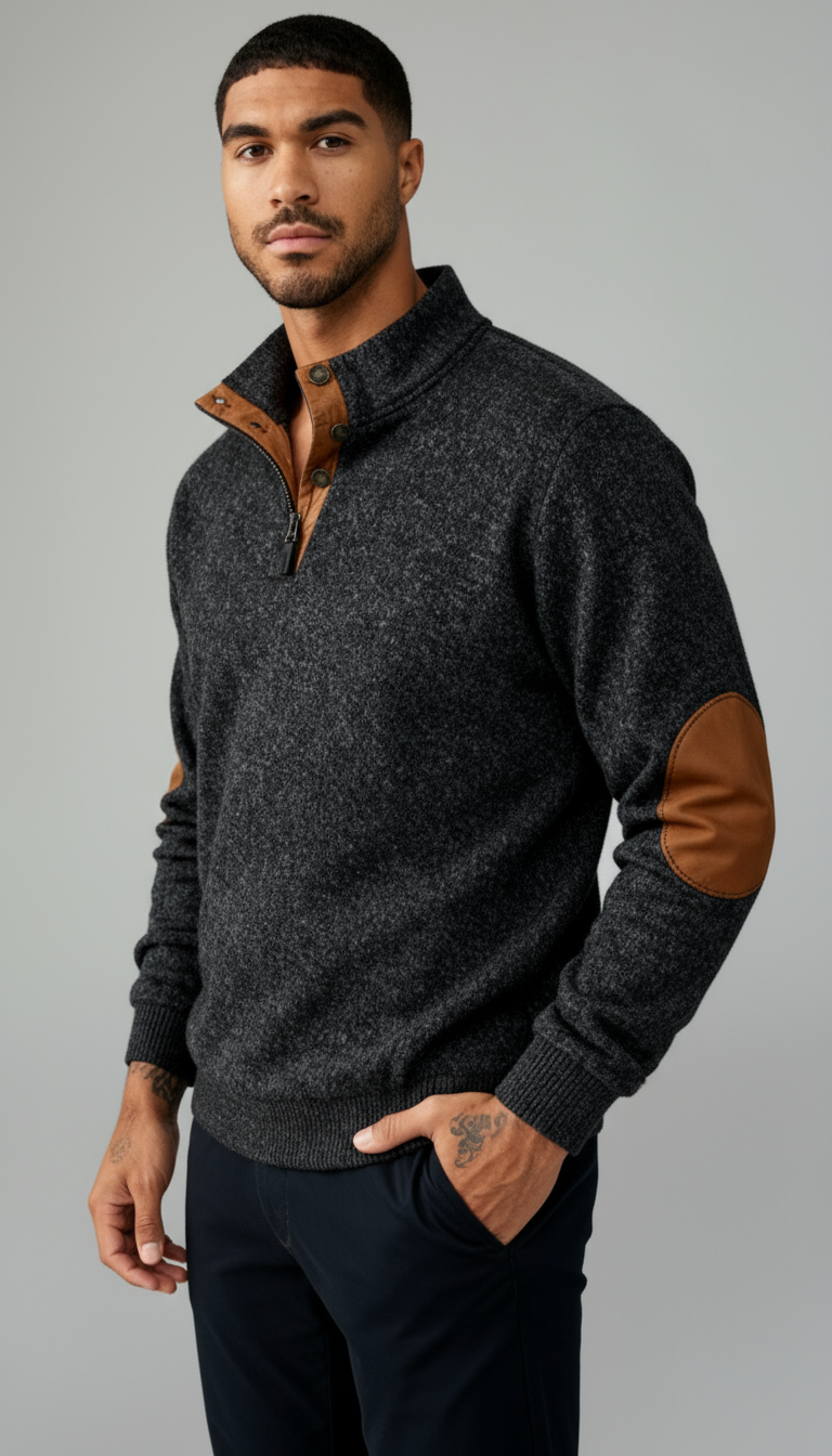 Trui met knoopsluiting voor heren - Trui met staande kraag en elleboogstukken