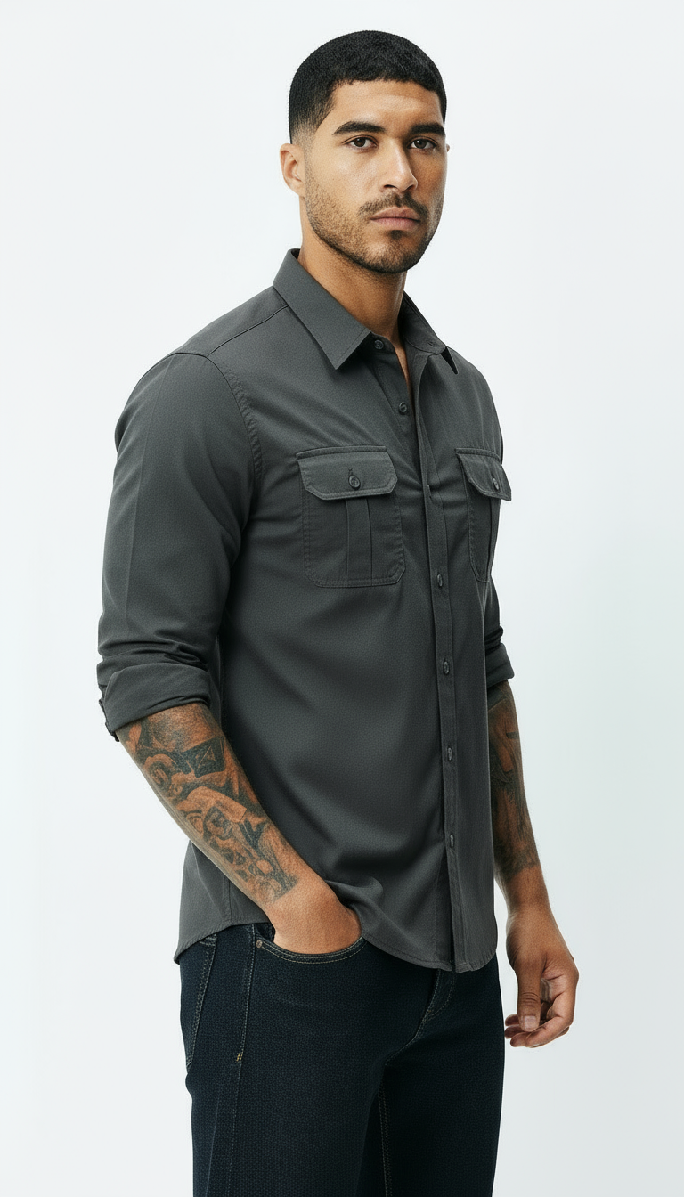Utility Shirt voor heren - Klassieke kraag met knoopsluiting en zakken met kleppen | Textured Smart Casual Workwear