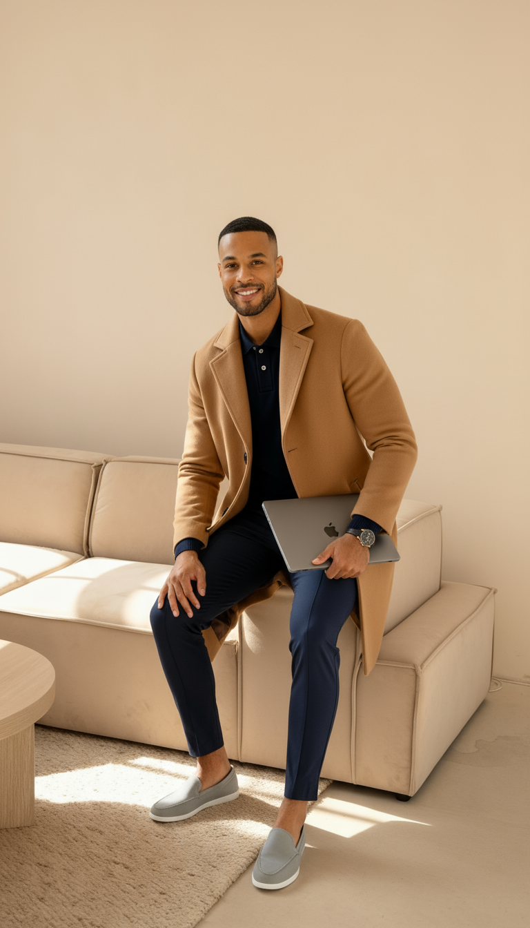 Herren maßgeschneiderter Woll-gefühlt Mantel – Einreihiger mittellanger Mantel mit Kerbkragen