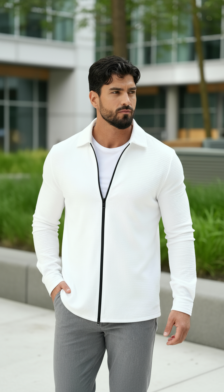 Camicia da uomo a maniche lunghe in tessuto strutturato – Camicia casual con cerniera frontale e vestibilità regolare