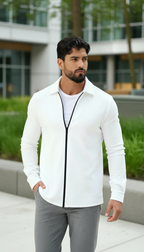 Camicia da uomo a maniche lunghe in tessuto strutturato – Camicia casual con cerniera frontale e vestibilità regolare