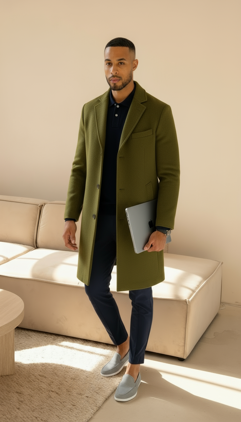 Heren op maat gemaakte jas met wolgevoel – Enkelsluitend mid-lange overjas met inkeping revers