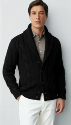 Men’s Wool Blend Cable Knit Cardigan – Shawl Collar Button-Up Sweater