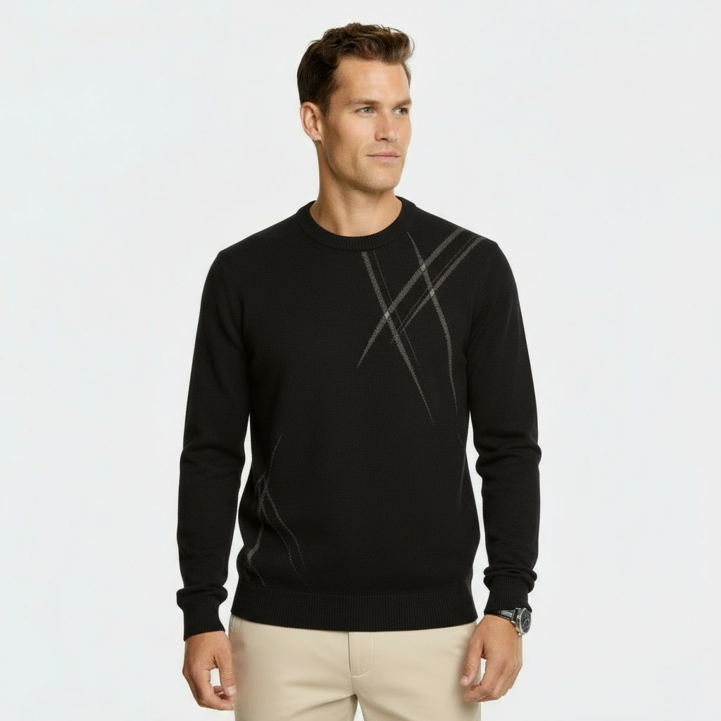 Heren Slim Fit Wolmix Trui - Abstract Patroon Gebreide Pullover met Geribbelde Randen