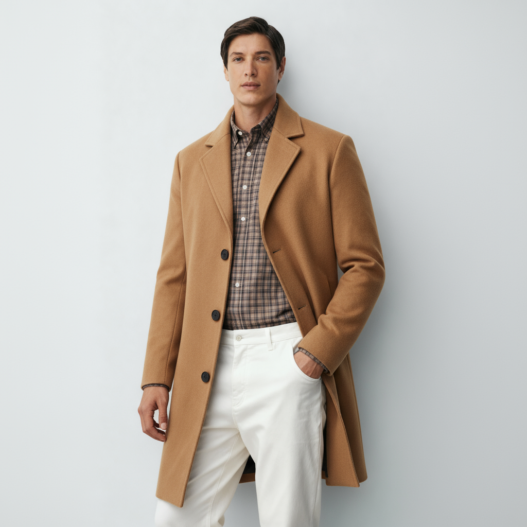 Men’s Classic Coat with Notch Lapel & Single-Breasted Front – Elegant Mid-Length Overcoat