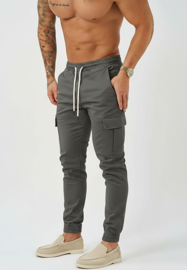 Cargo broek voor heren - taille met koord en elastische manchetten - Tapered Fit utility broek met meerdere zakken
