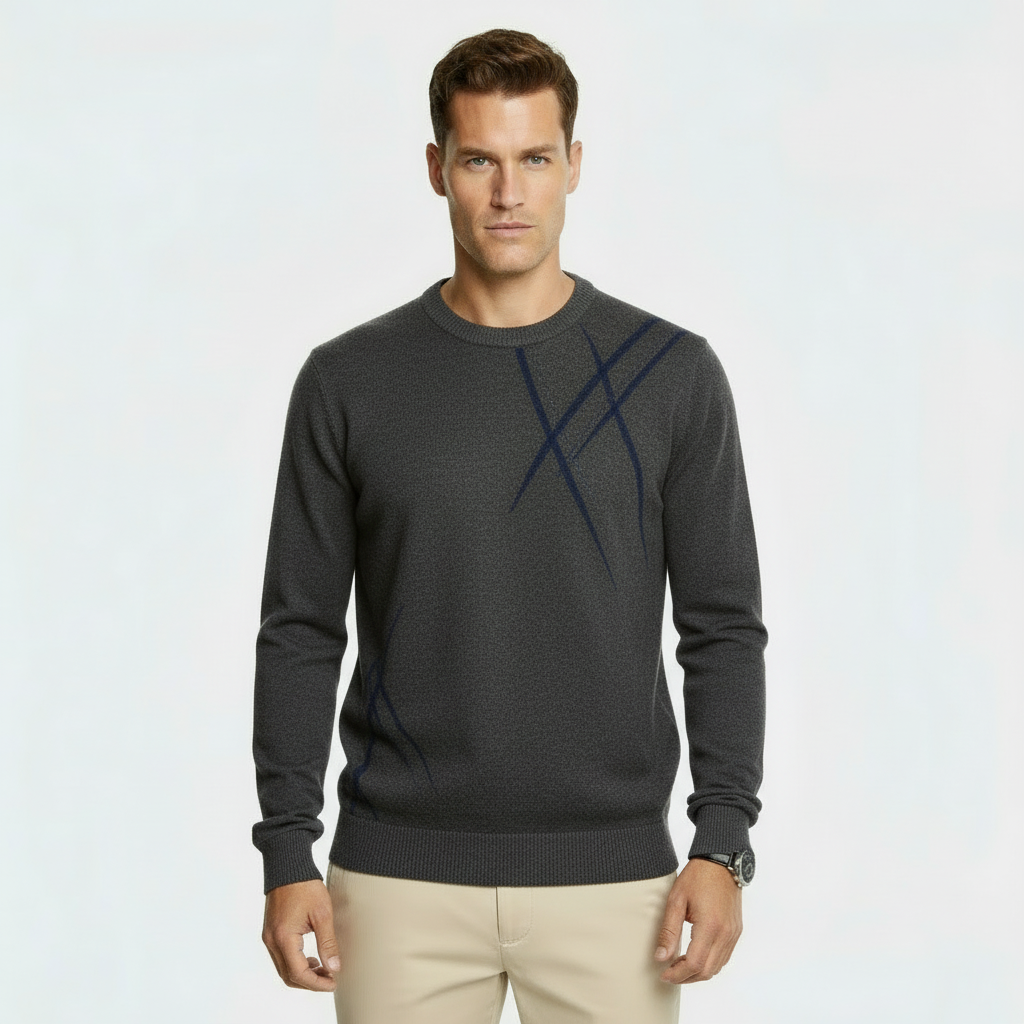 Heren Slim Fit Wolmix Trui - Abstract Patroon Gebreide Pullover met Geribbelde Randen