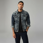 Men’s Grey Trucker Jacket - Classic Button-Front Denim Style with Chest Pockets