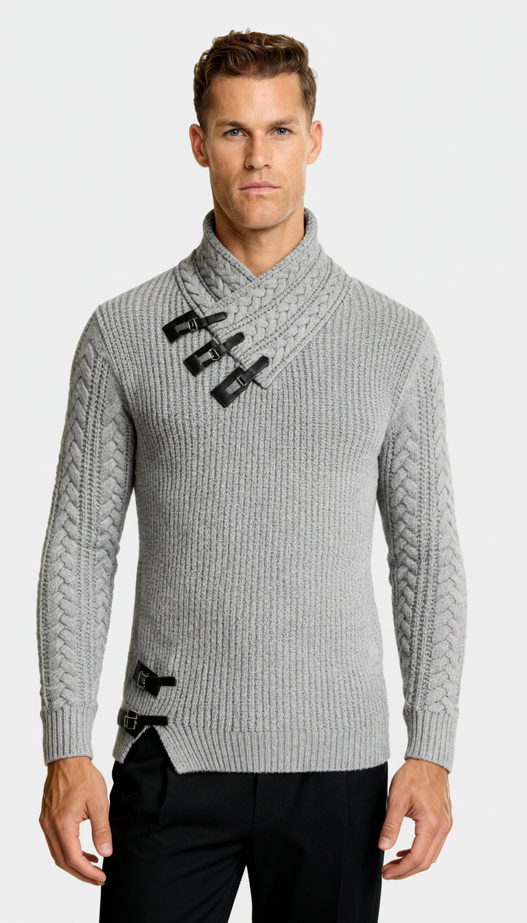 Men’s Funnel Collar Jumper with Toggle Details – Textured Knit Sweater for Smart-Casual Style