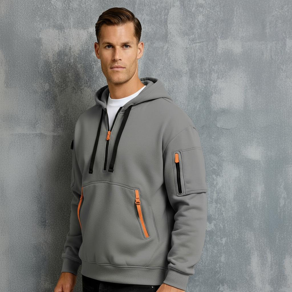 Men’s Zip Neck Hoodie with Multiple Pockets – Casual Functional Pullover