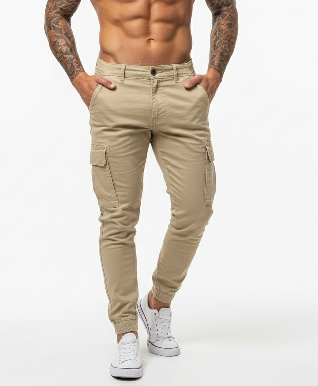 Cargo broek voor heren - taille met koord en elastische manchetten - Tapered Fit utility broek met meerdere zakken
