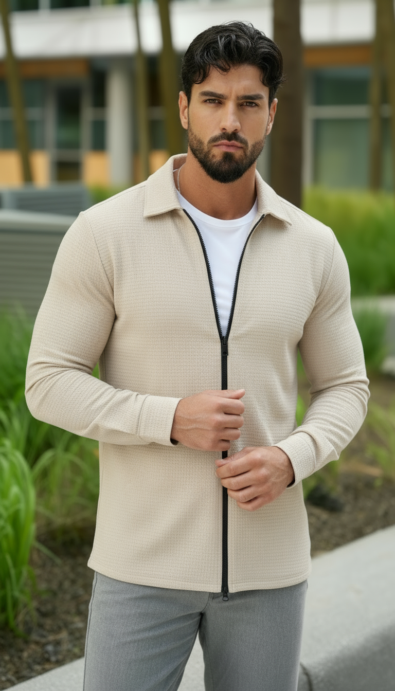 Camicia da uomo a maniche lunghe in tessuto strutturato – Camicia casual con cerniera frontale e vestibilità regolare